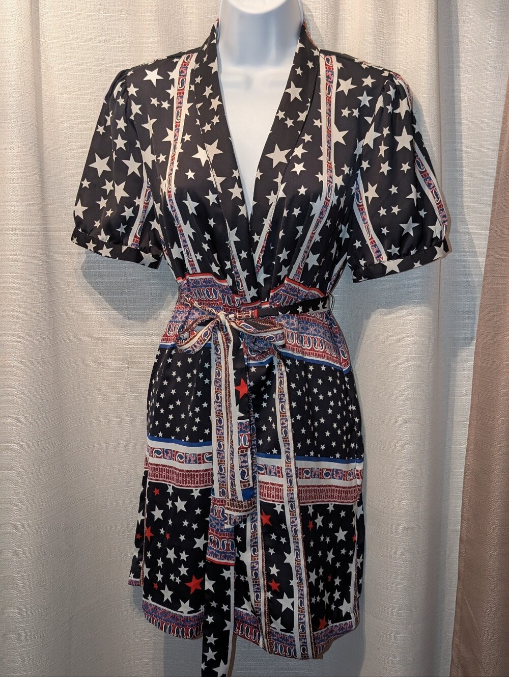 Avec Les Filles Black Wrap Mini Dress with Red & White Stars